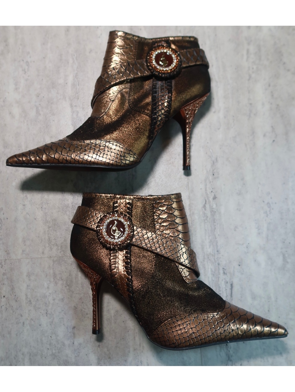 Y2K Vintage Baby Phat Bronze Snakeskin Pointed Toe Ankle Boots